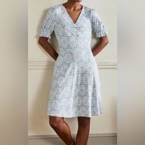 Boden Jersey Knit Teal & White Midi Dress Sz 16P Cottagecore Modest Boho